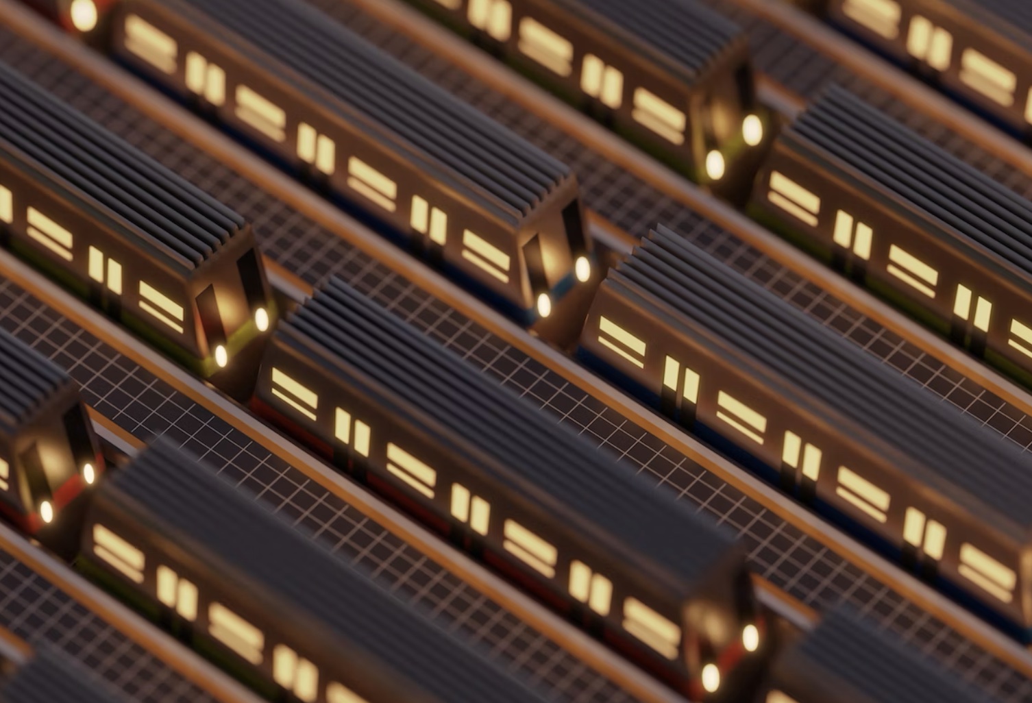 Rows of stylized computer graphics of subway identical gray computer cars with warm round yellow headlights and soft rectangular yellow windows